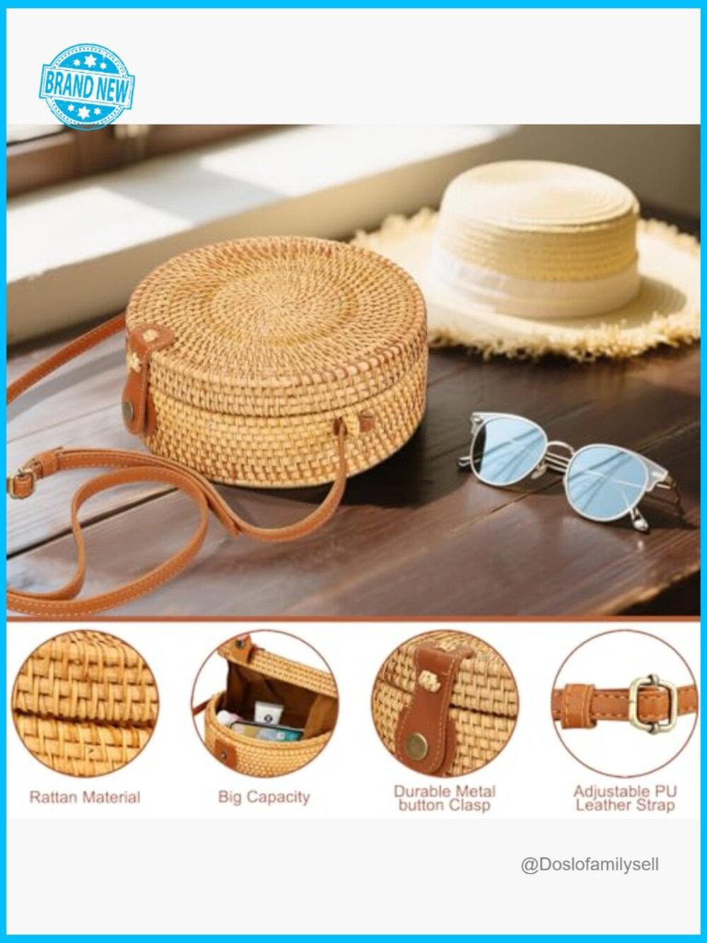 Handwoven Round Rattan Crossbody Bag Boho Straw Beach Travel Shoulder Purse - Picture 4 of 7